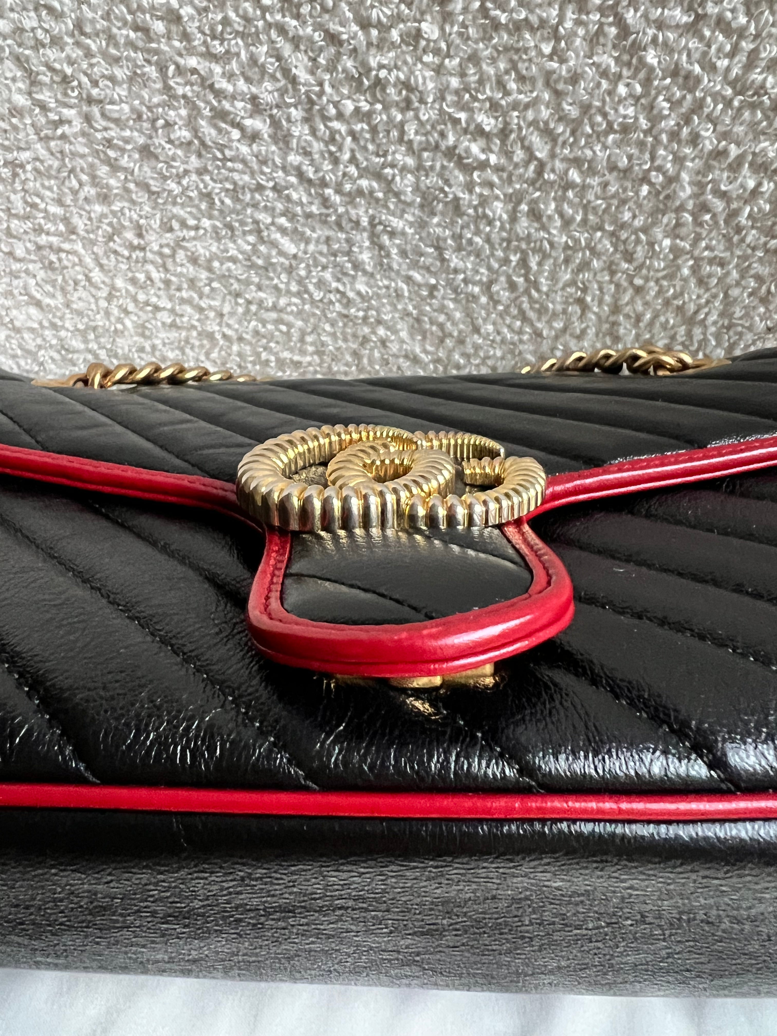 Gucci GG Black and Red Torchon Marmont Small Shoulder Bag