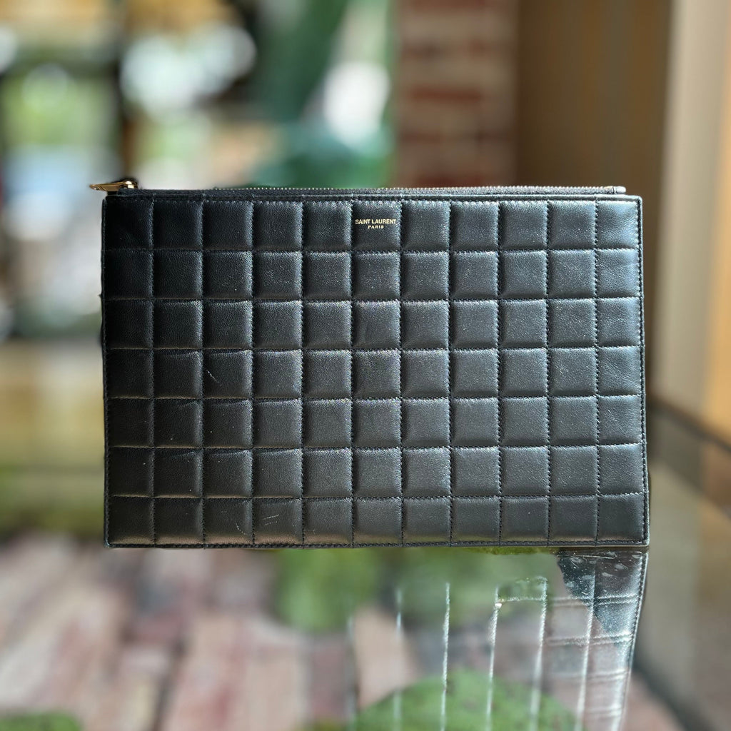 SAINT LAURENT Black Quilted Leather Pouch Clutch