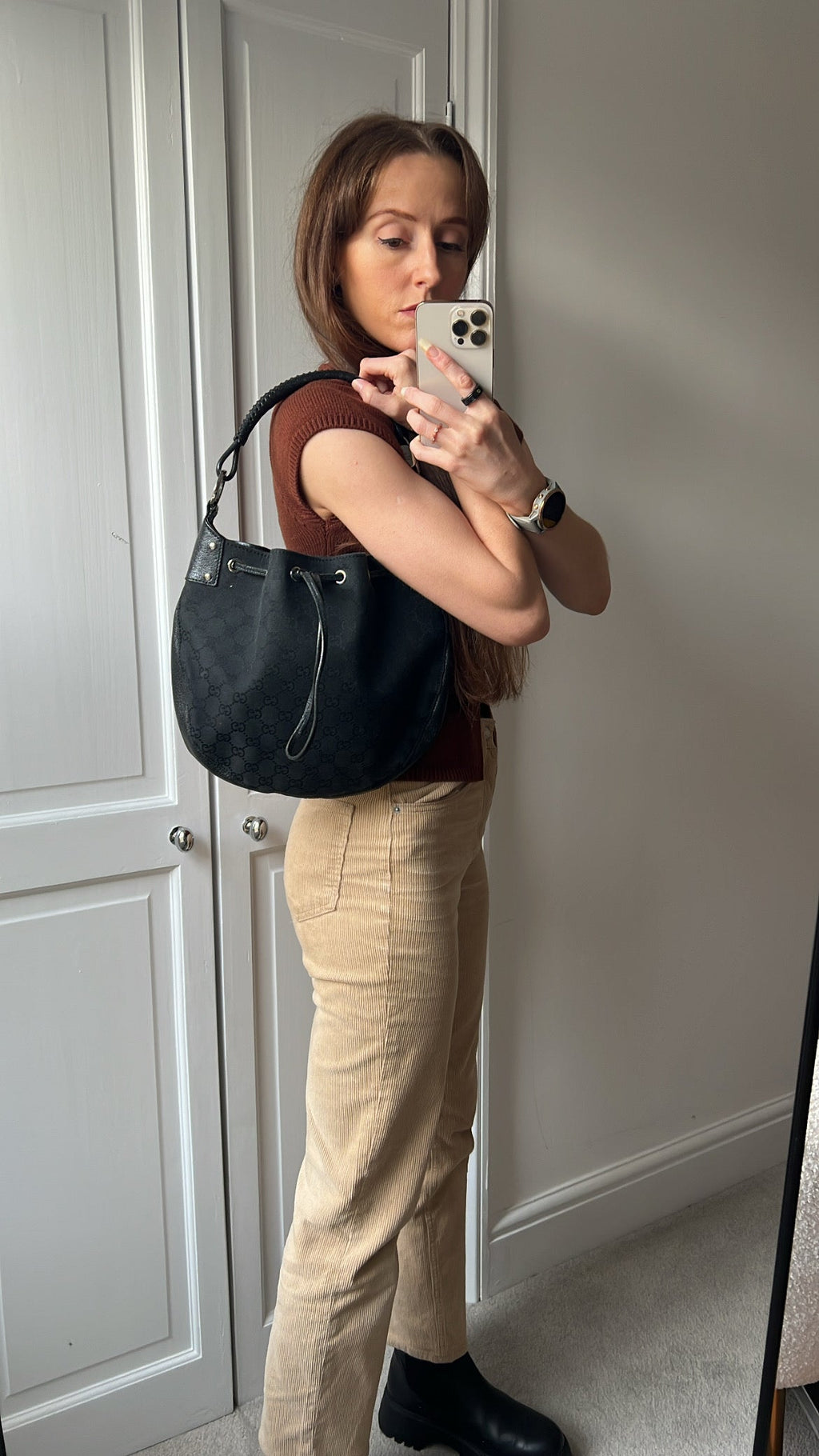Gucci Black GG Canvas Drawstring Shoulder Bag