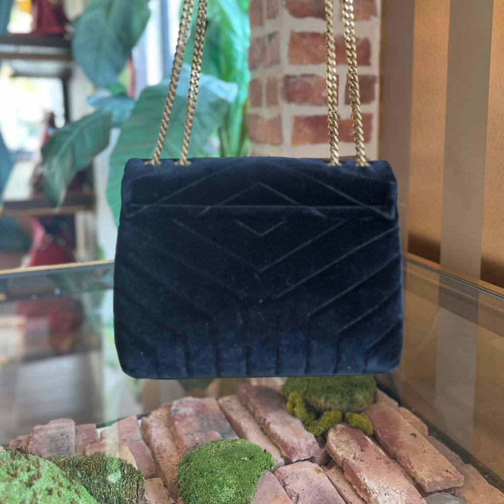 SAINT LAURENT Loulou Small Black Velvet Y Quilted Matelassé Crossbody Bag