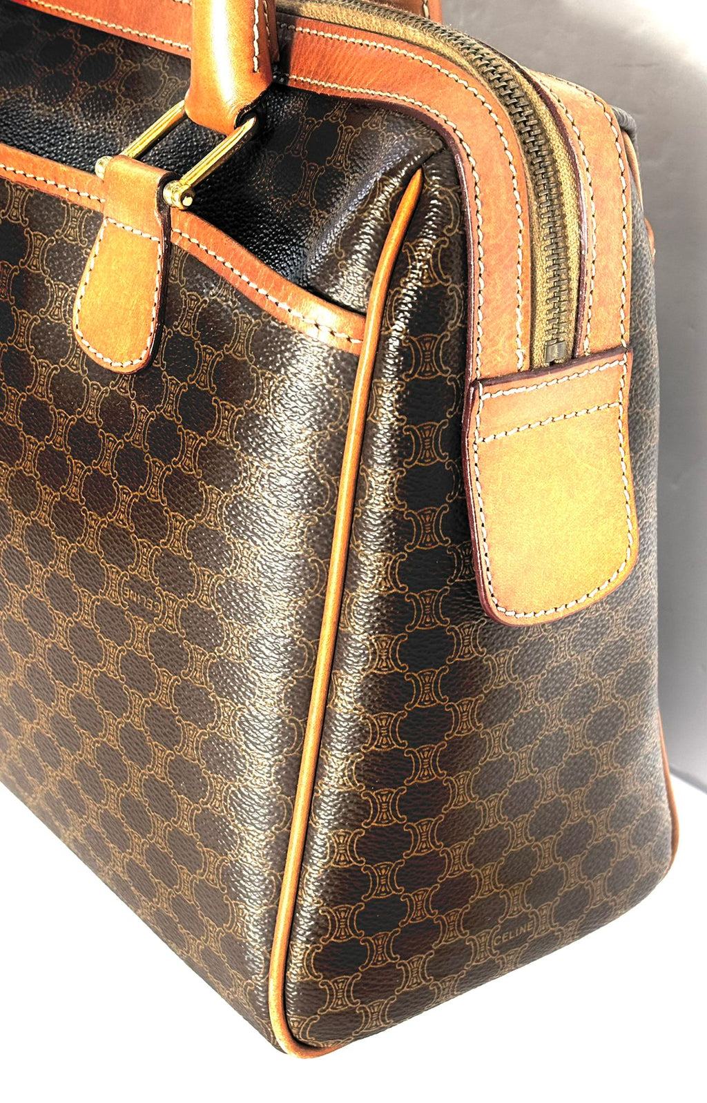 CÉLINE MACADAM COATED CANVAS & LEATHER BOSTON HANDBAG