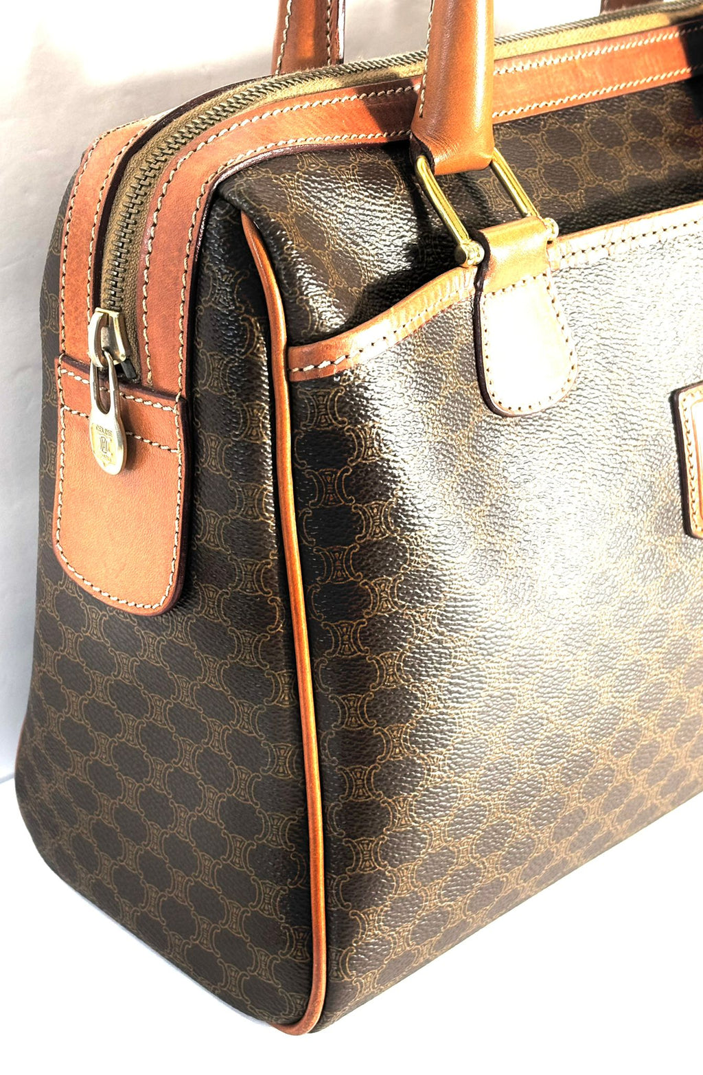 CÉLINE MACADAM COATED CANVAS & LEATHER BOSTON HANDBAG