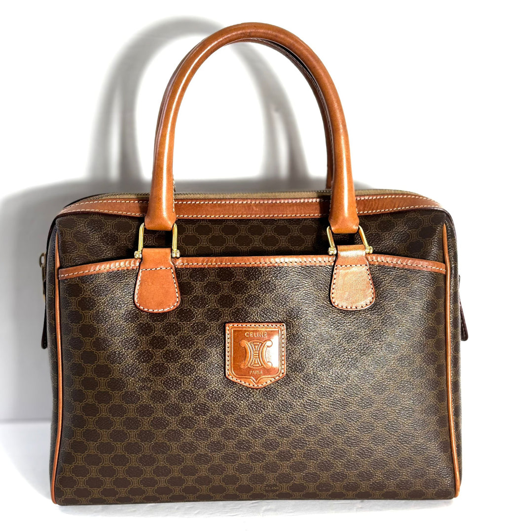 CÉLINE MACADAM COATED CANVAS & LEATHER BOSTON HANDBAG