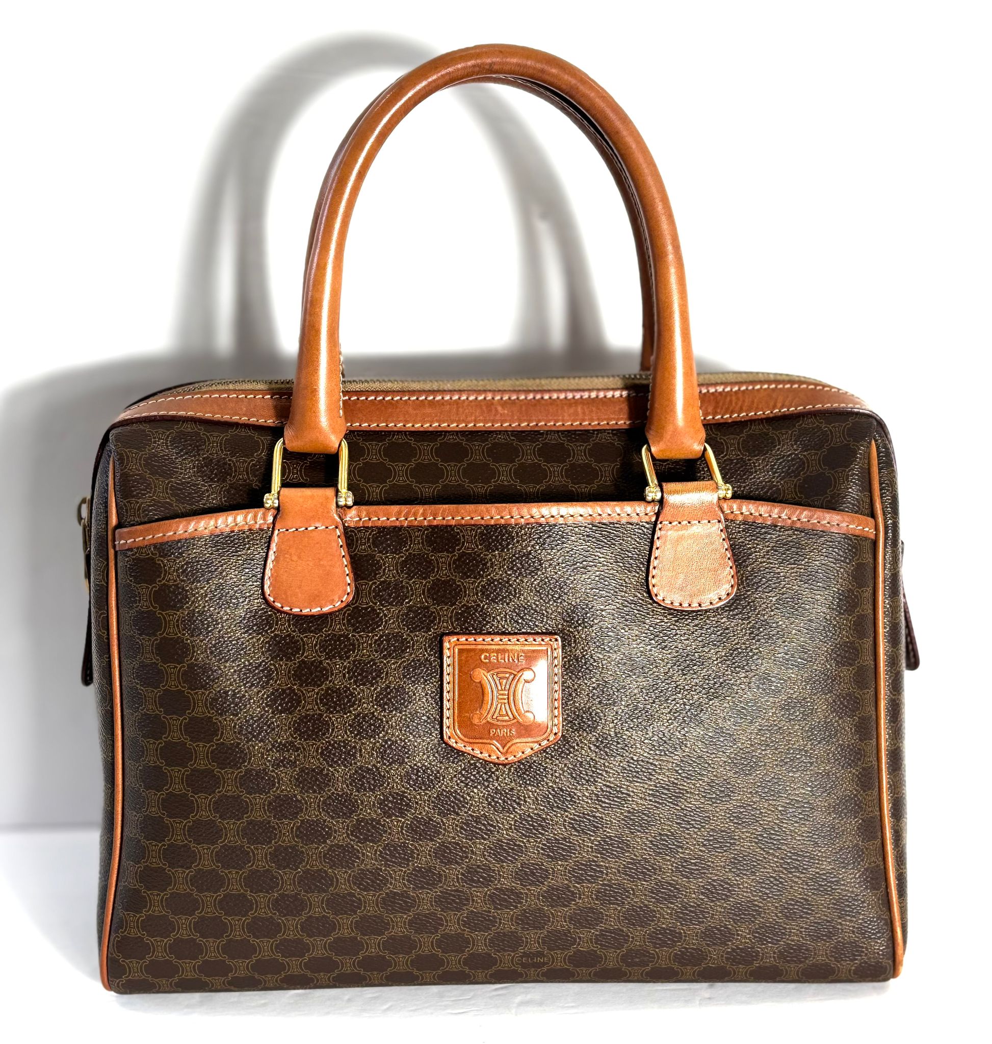 CÉLINE MACADAM COATED CANVAS & LEATHER BOSTON HANDBAG