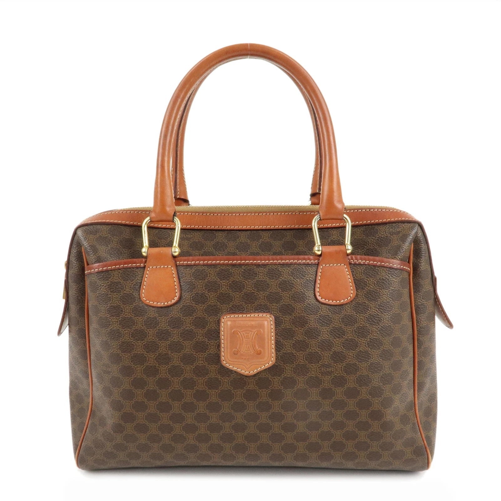 CÉLINE MACADAM COATED CANVAS & LEATHER BOSTON HANDBAG