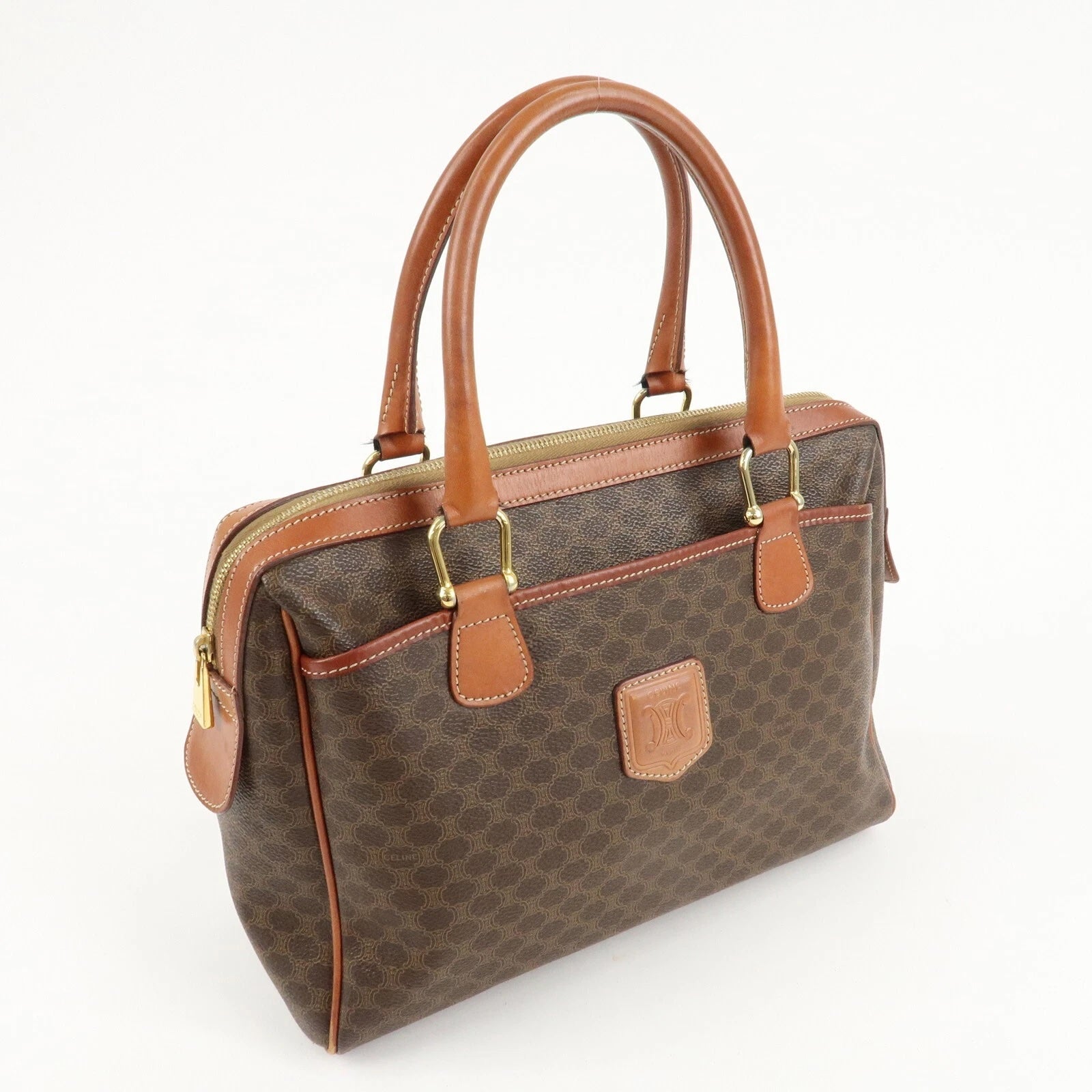 CÉLINE MACADAM COATED CANVAS & LEATHER BOSTON HANDBAG