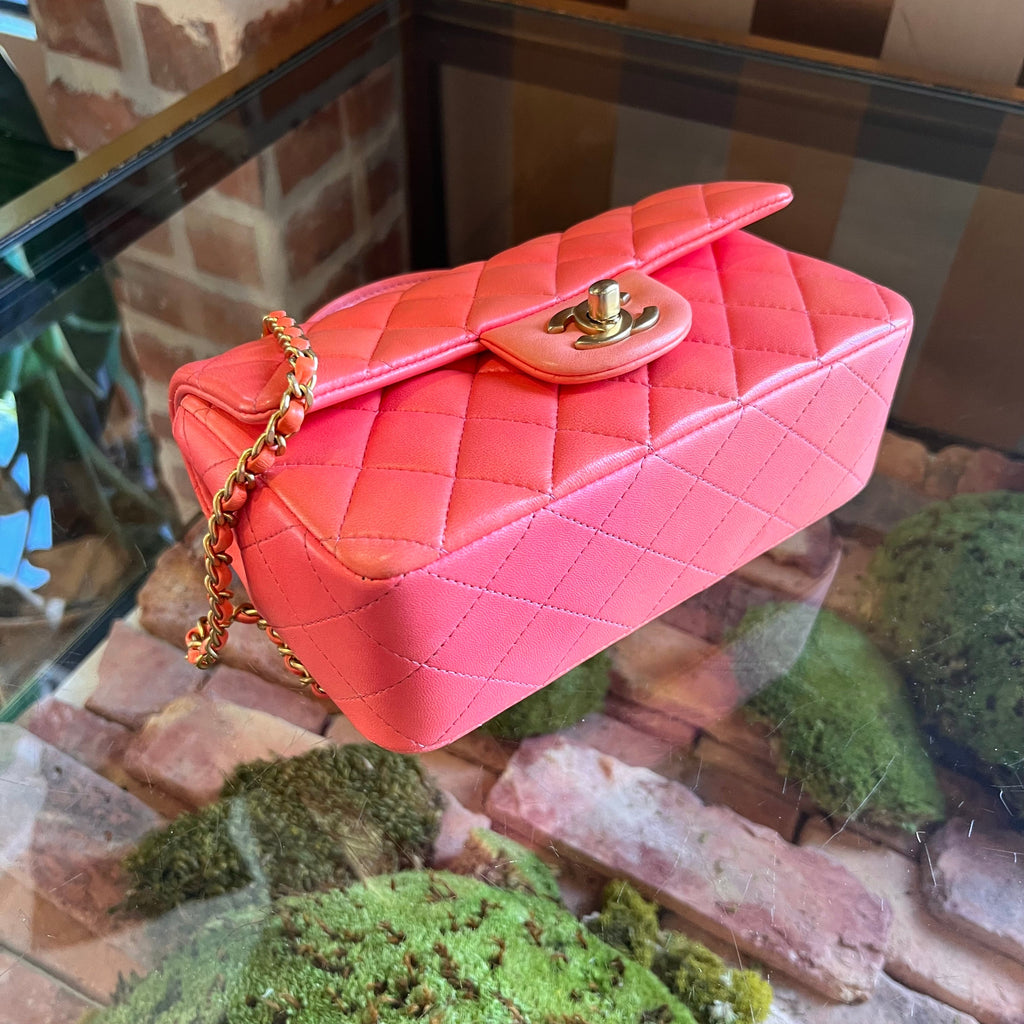 CHANEL Rectangular Mini Flap Pink Orange Lambskin Leather Top Handle