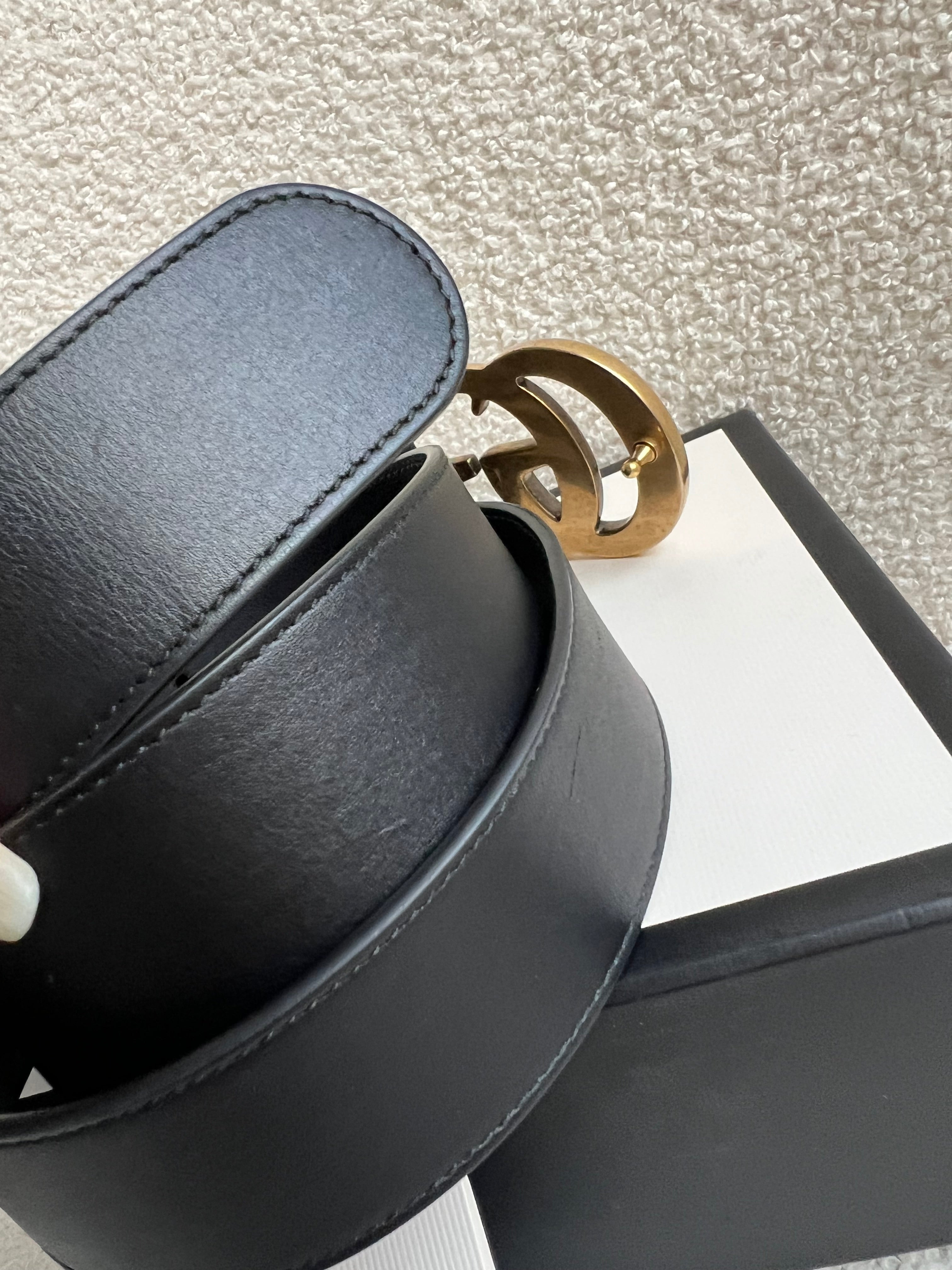 Gucci GG Marmont Black Wide Leather Belt with Shiny Gold Buckle (RRP £410)