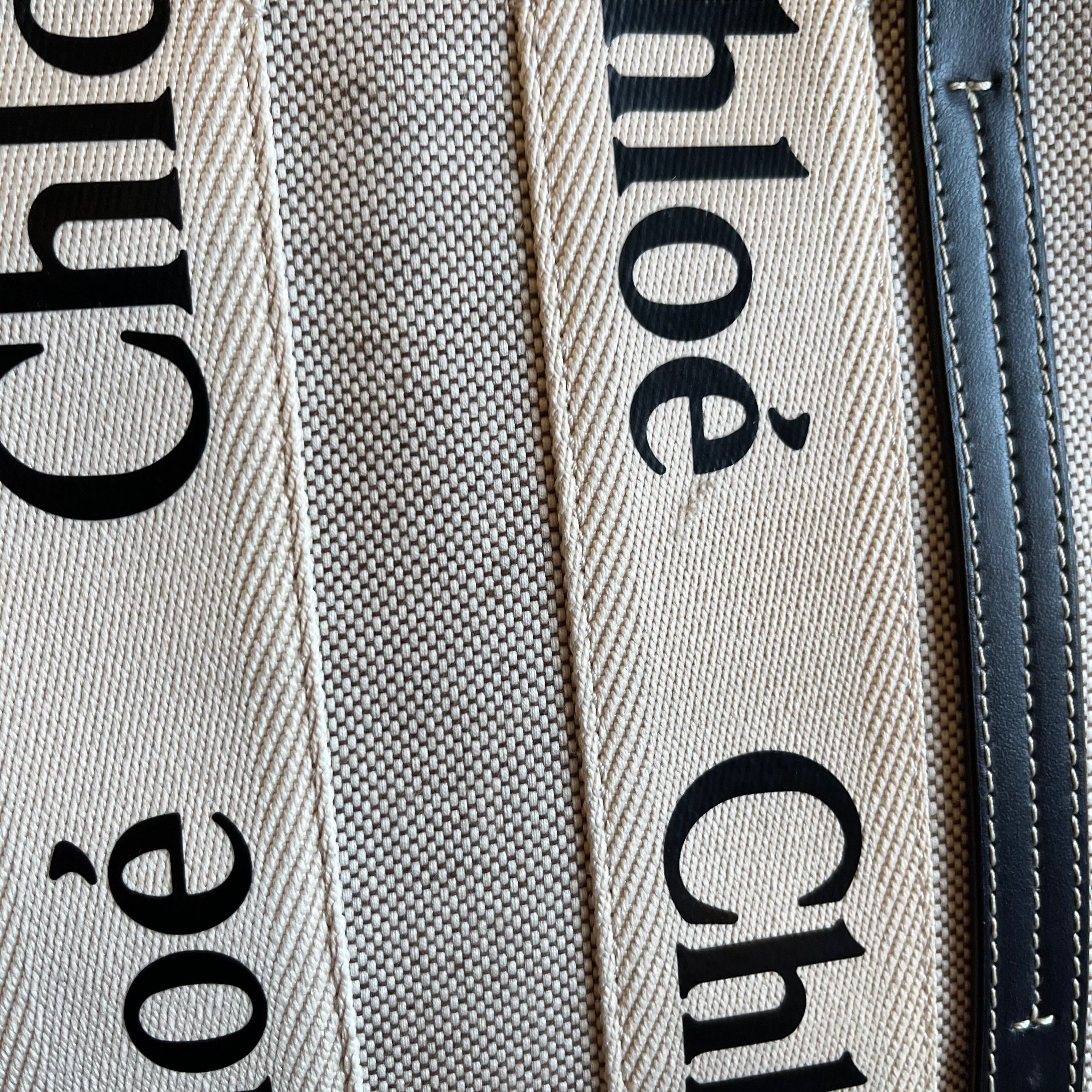 CHLOE Woody Logo Strap Linen Tote