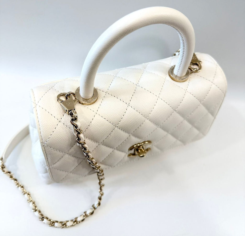 CHANEL CC CAVIAR QUILTED SMALL COCO HANDLE FLAP BAG IN WHITE