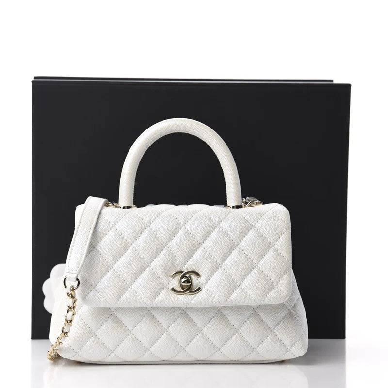 CHANEL CC CAVIAR QUILTED SMALL COCO HANDLE FLAP BAG IN WHITE
