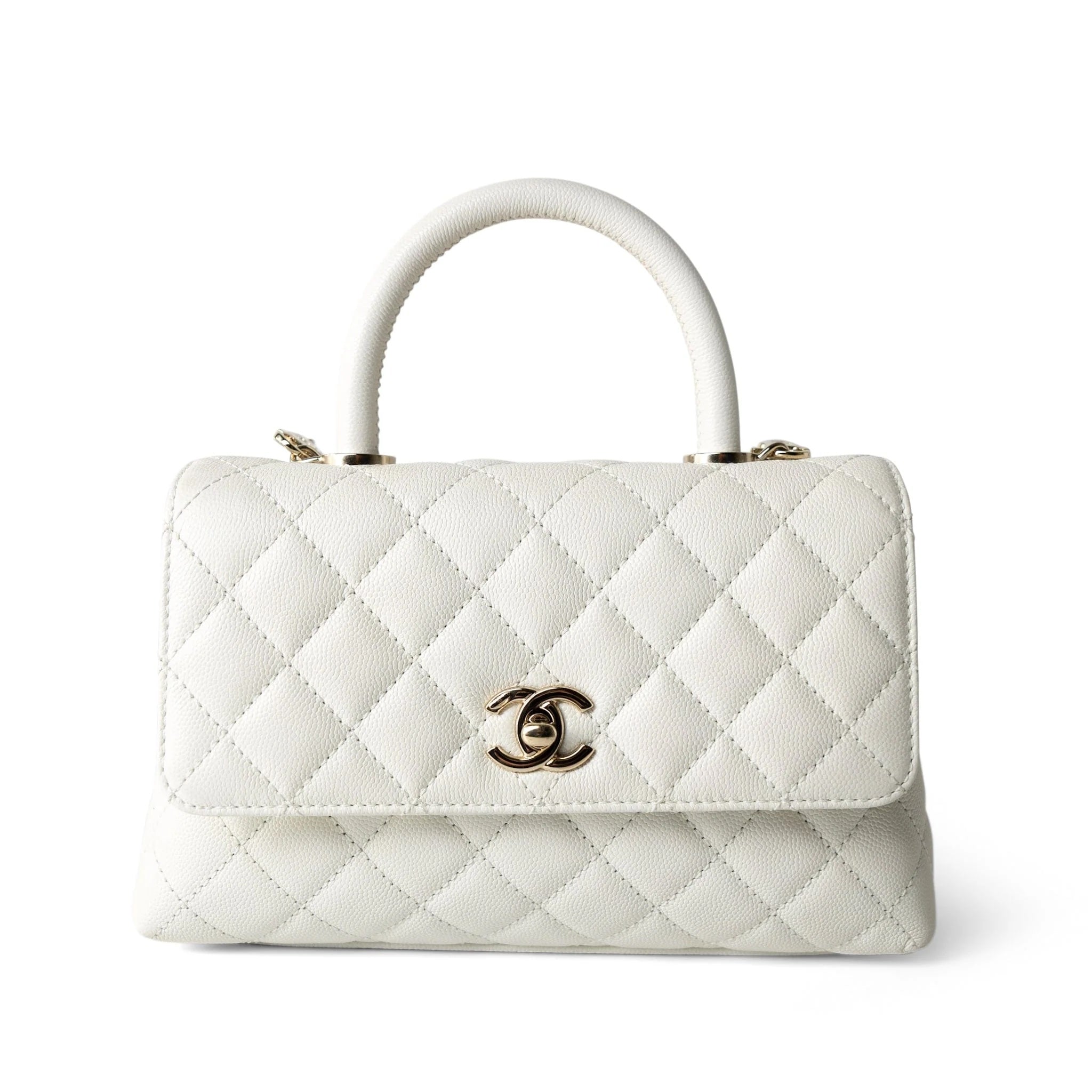 CHANEL CC CAVIAR QUILTED SMALL COCO HANDLE FLAP BAG IN WHITE