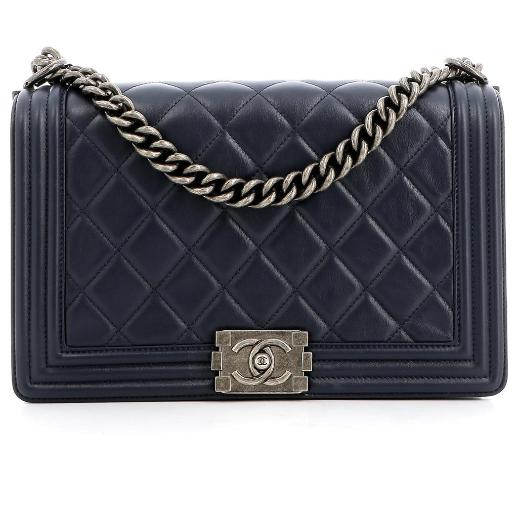CHANEL CALFSKIN QUILTED LARGE BOY FLAP BAG IN NAVY
