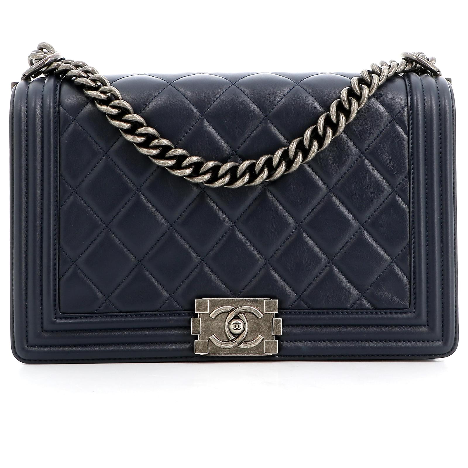 CHANEL CALFSKIN QUILTED LARGE BOY FLAP BAG IN NAVY