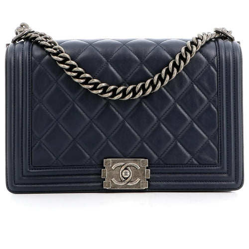 CHANEL CALFSKIN QUILTED LARGE BOY FLAP BAG IN NAVY