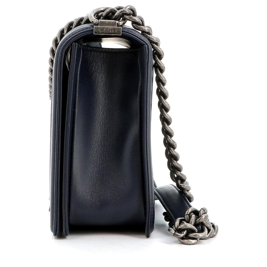 CHANEL CALFSKIN QUILTED LARGE BOY FLAP BAG IN NAVY