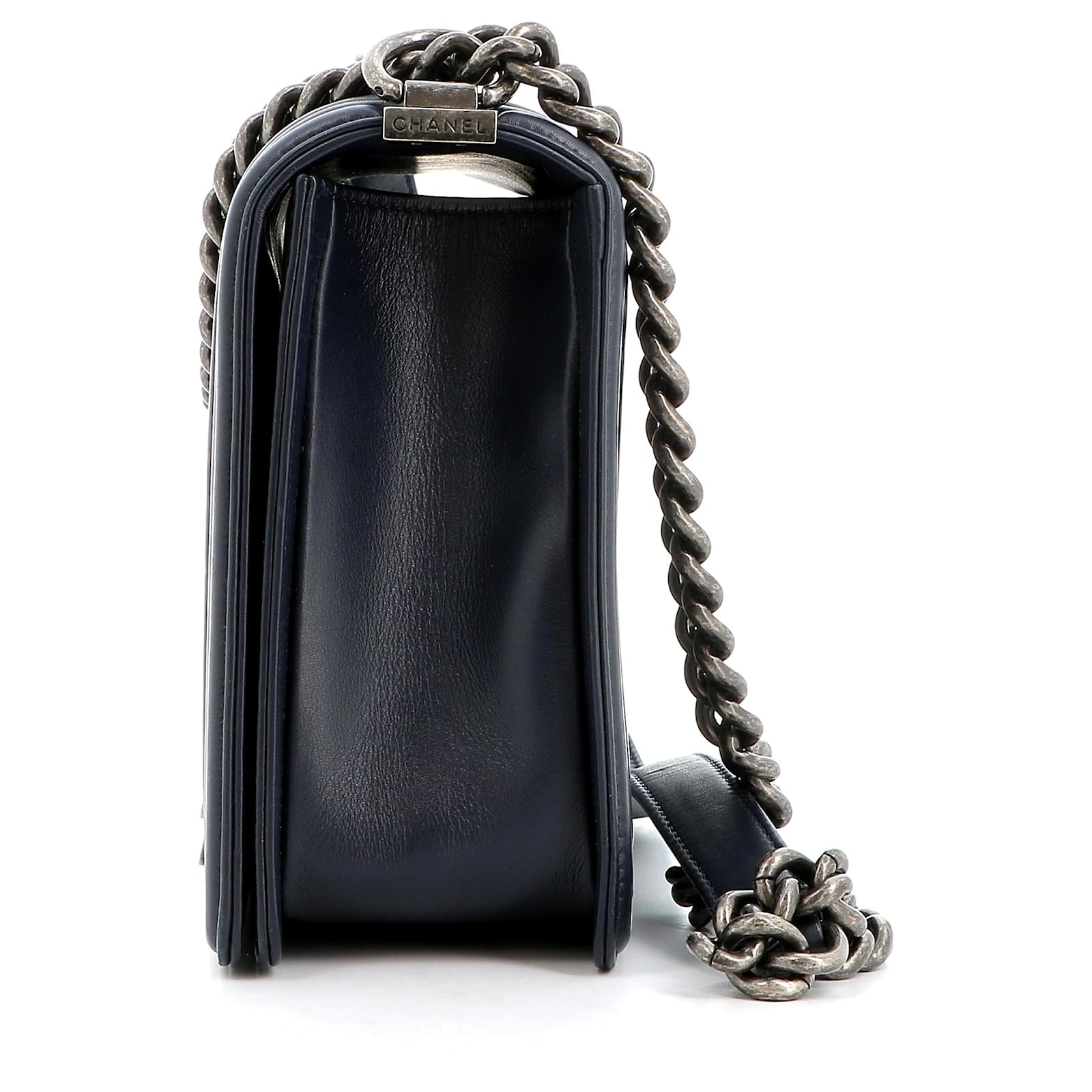 CHANEL CALFSKIN QUILTED LARGE BOY FLAP BAG IN NAVY