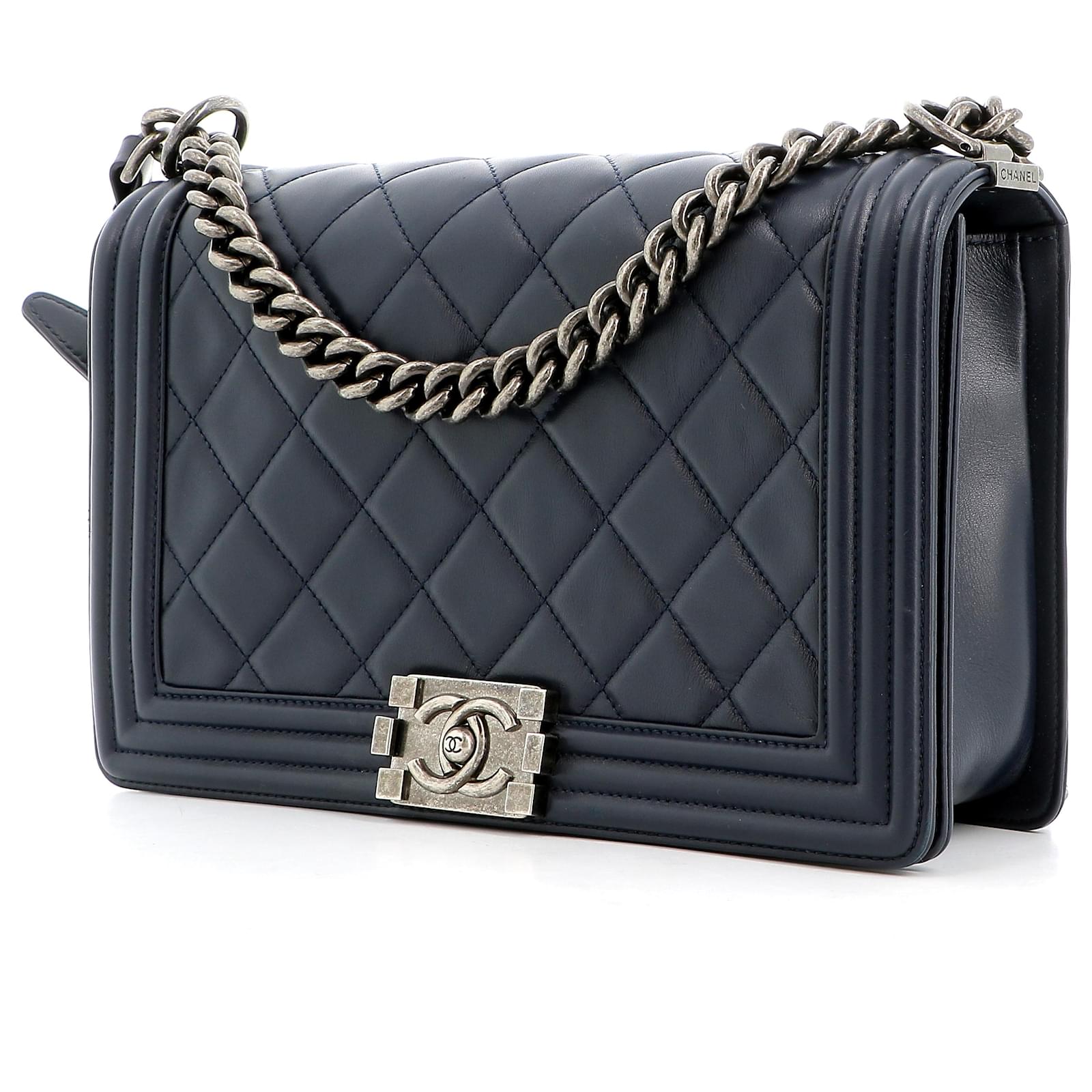 CHANEL CALFSKIN QUILTED LARGE BOY FLAP BAG IN NAVY