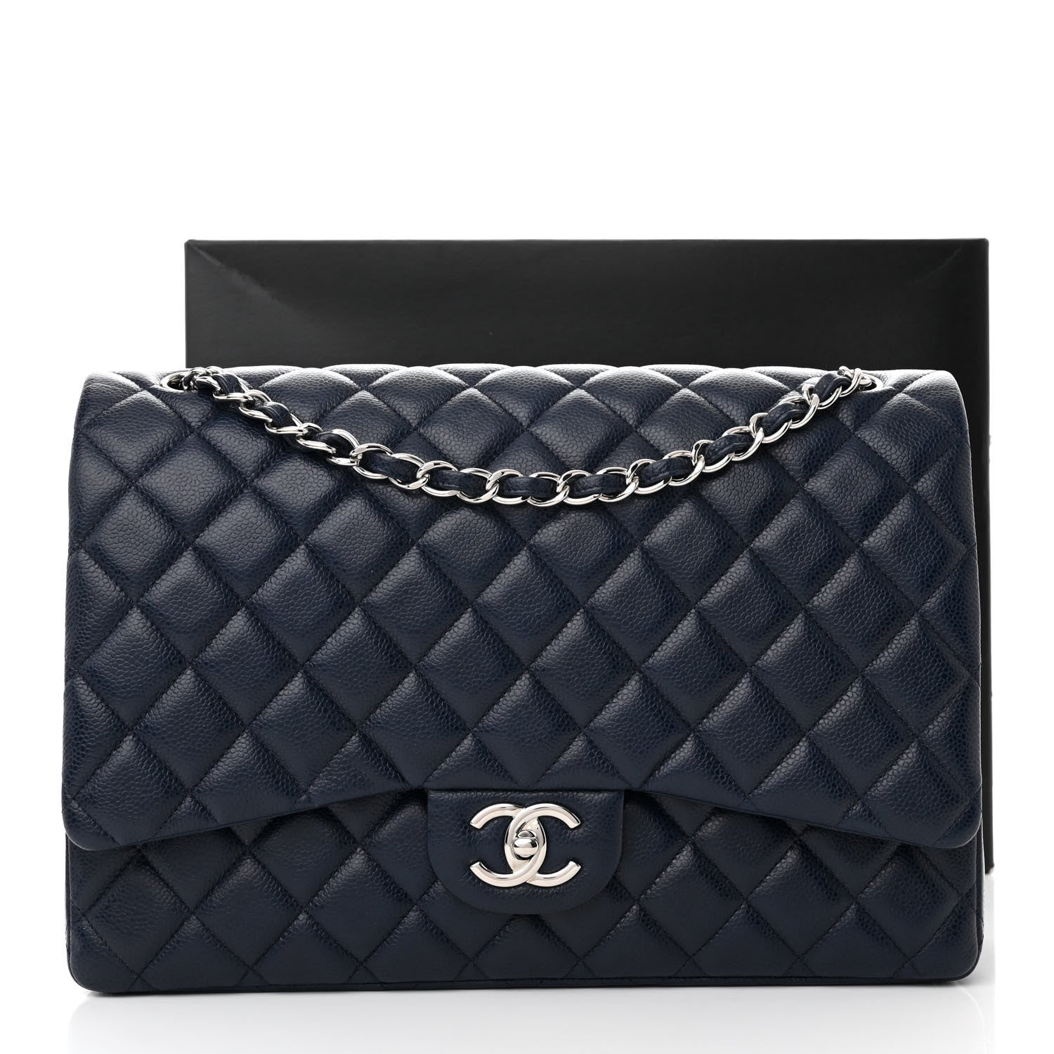 CHANEL CAVIAR QUILTED MAXI DOUBLE FLAP BAG IN NAVY