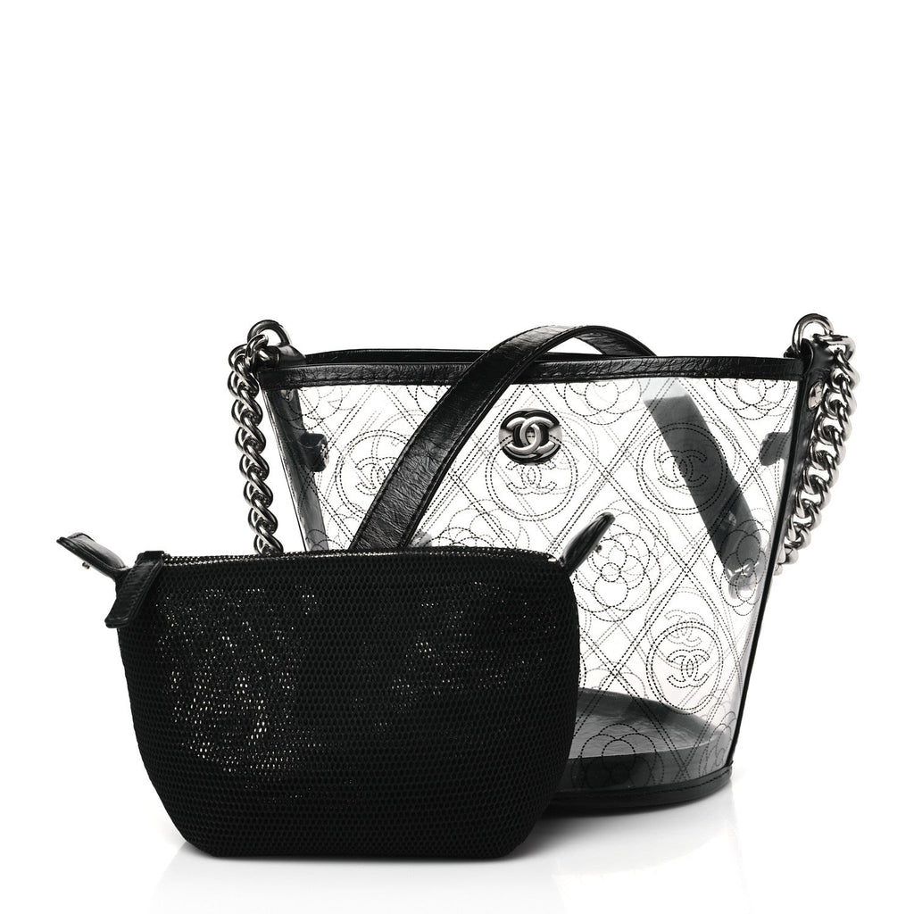 CHANEL CRUMPLED CALFSKIN PVC CAMELLIA BUCKET BAG