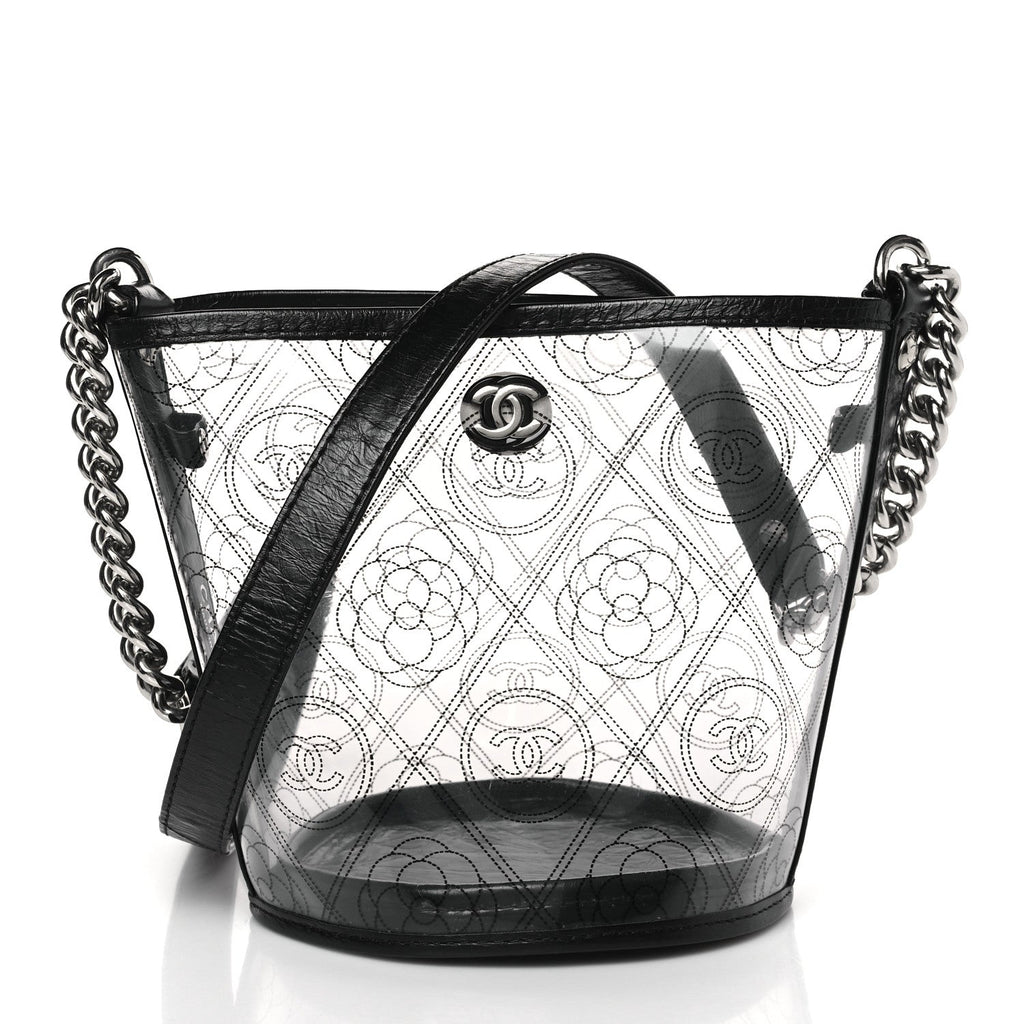 CHANEL CRUMPLED CALFSKIN PVC CAMELLIA BUCKET BAG