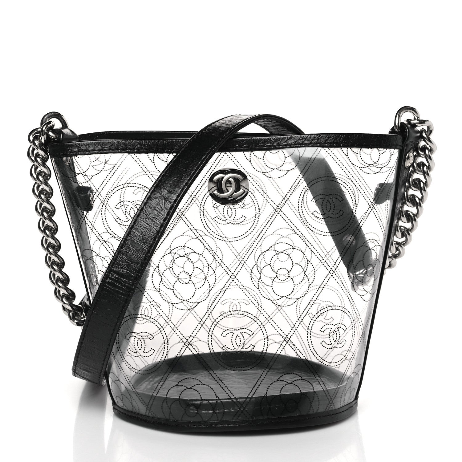 CHANEL CRUMPLED CALFSKIN PVC CAMELLIA BUCKET BAG