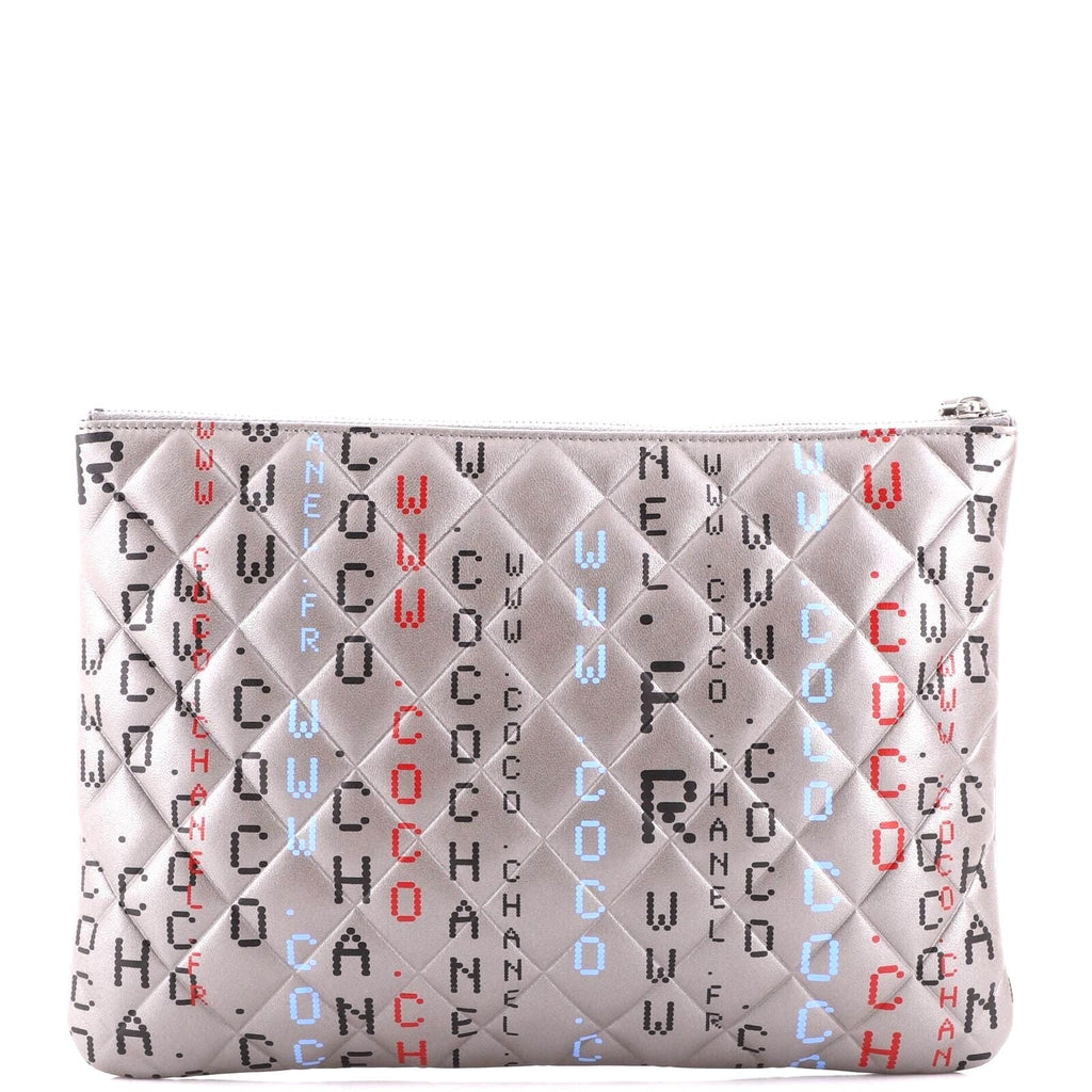 CHANEL METALLIC SILVER QUILTED LAMBSKIN PRINTED DATA CENTER O CLUTCH-HS