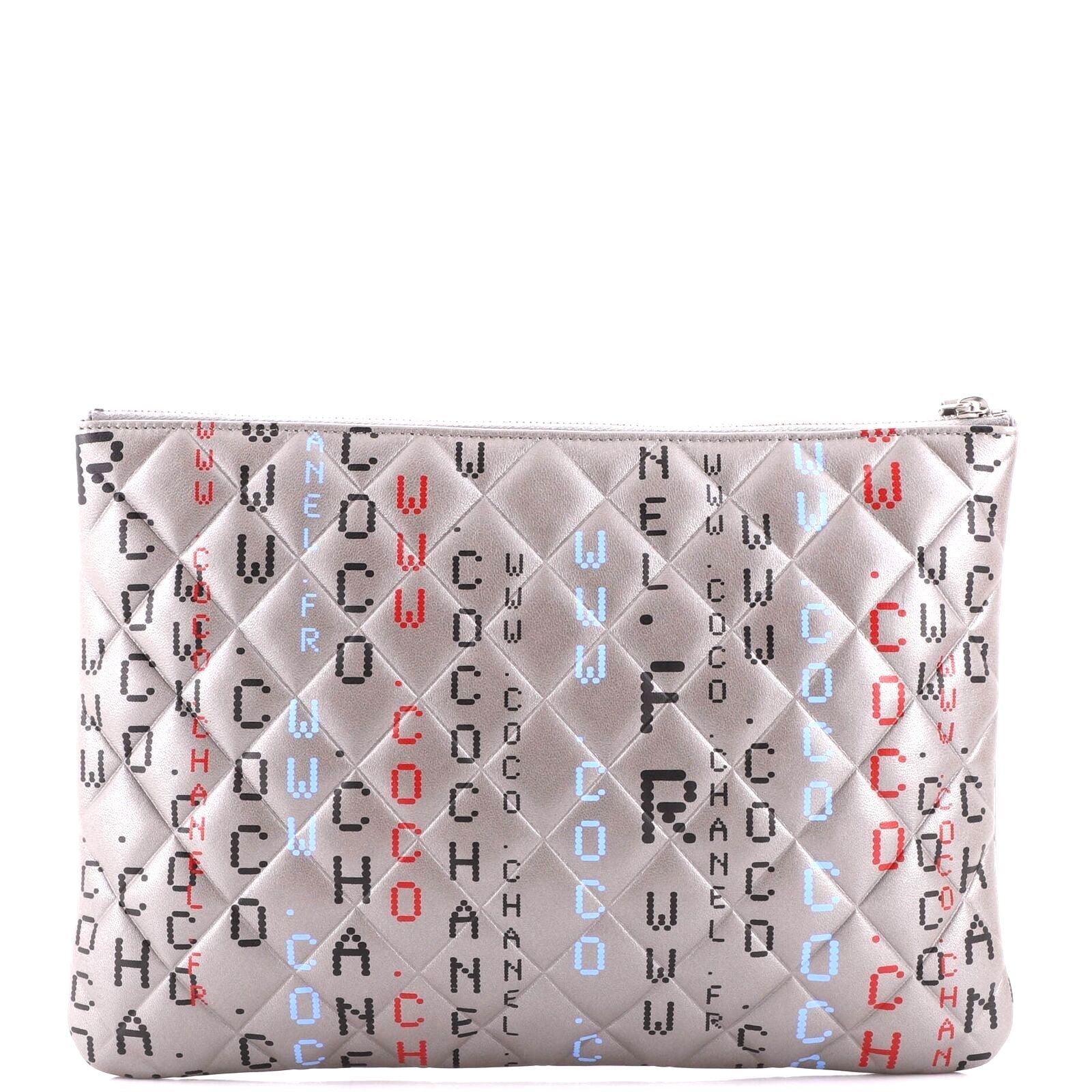 CHANEL METALLIC SILVER QUILTED LAMBSKIN PRINTED DATA CENTER O CLUTCH-HS