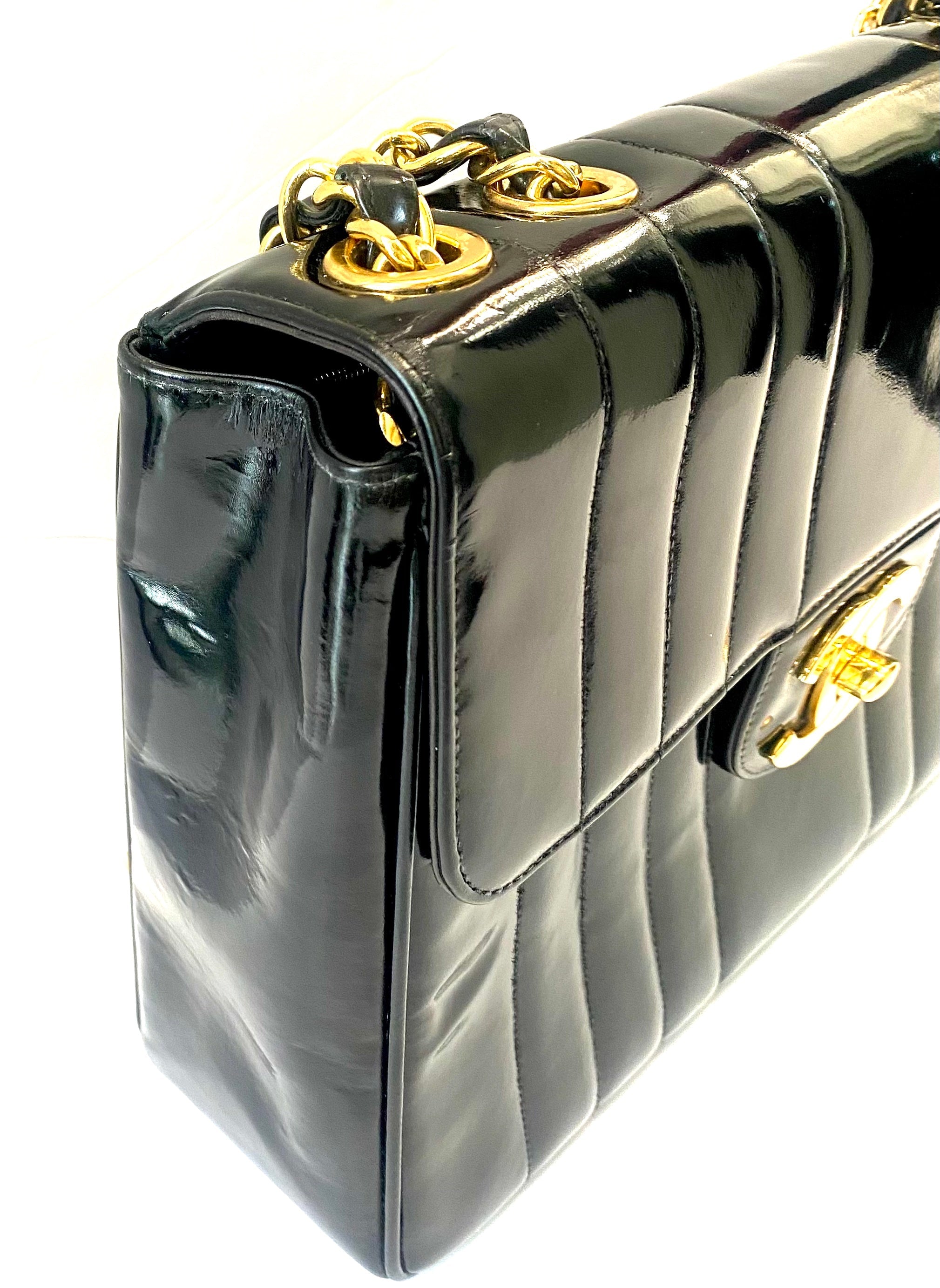 CHANEL JUMBO MADEMOISELLE VERTICAL QUILT VINTAGE PATENT LEATHER BAG
