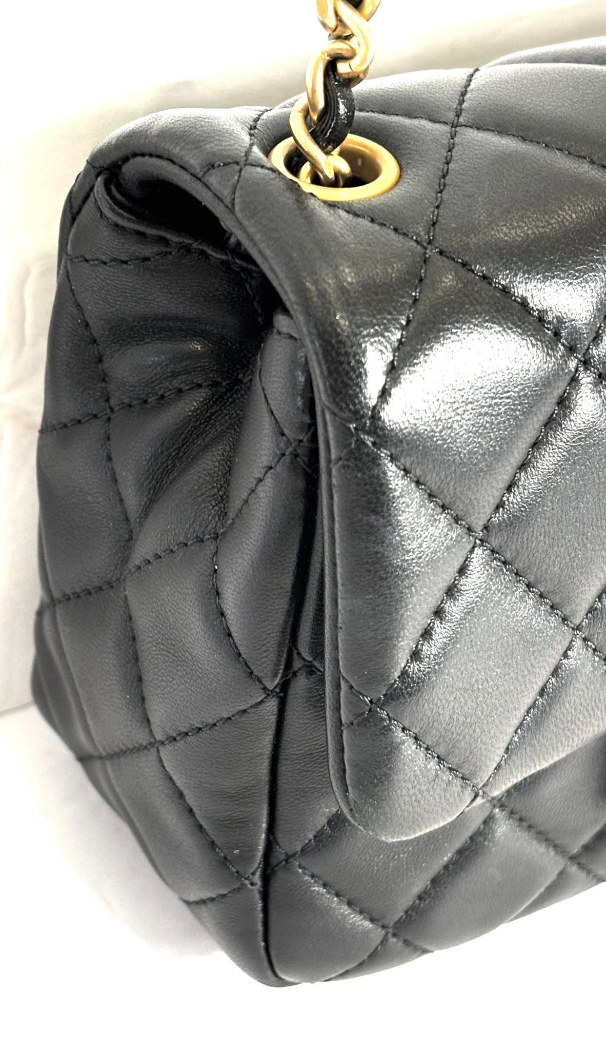 CHANEL LAMBSKIN LEATHER MINI PEARL CRUSH SQUARE FLAP BAG
