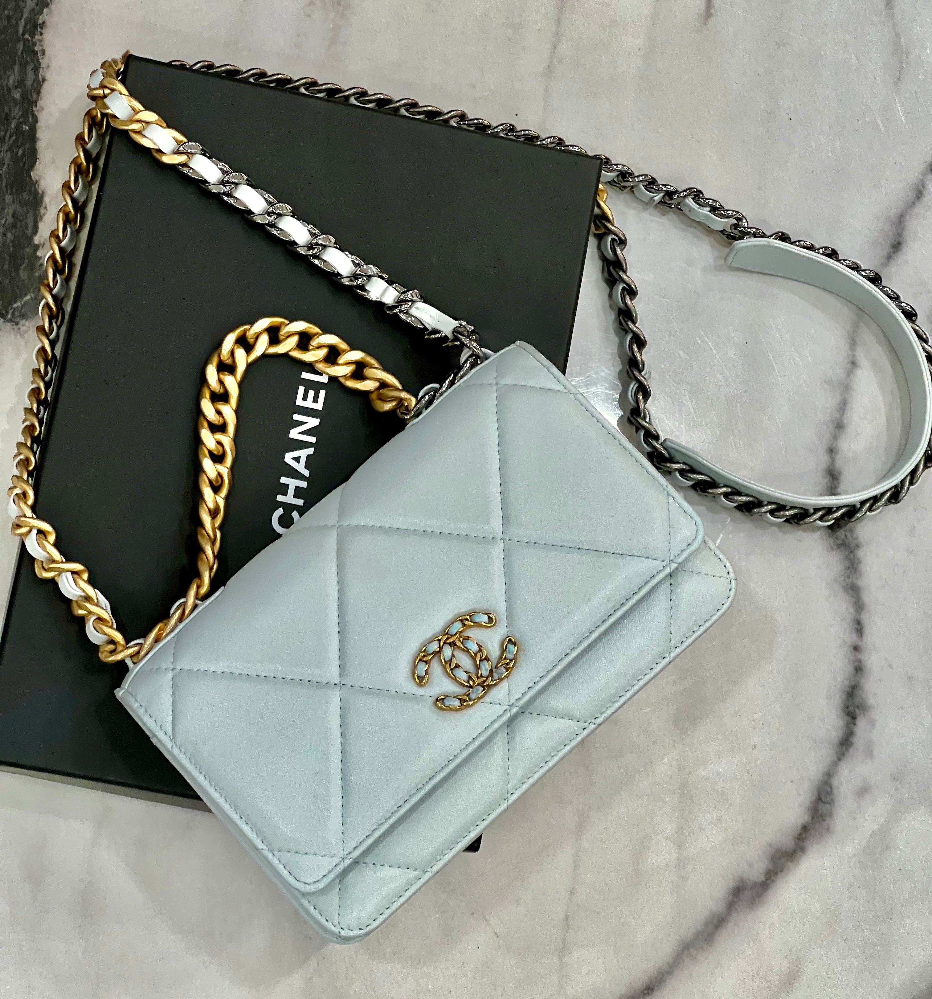 CHANEL QUILTED LAMBSKIN CHANEL 19 WALLET ON A CHAIN