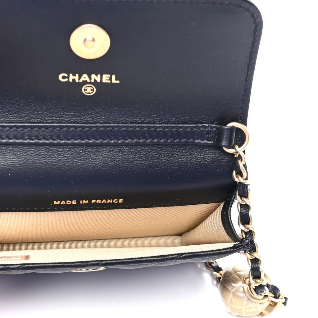 CHANEL QUILTED LAMBSKIN PEARL CRUSH MINI WALLET ON A CHAIN