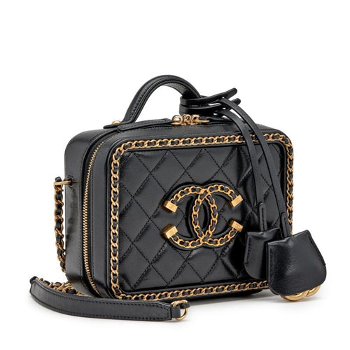 CHANEL SMALL CHAIN AROUND FILIGREE VANITY CASE W/ STRAP