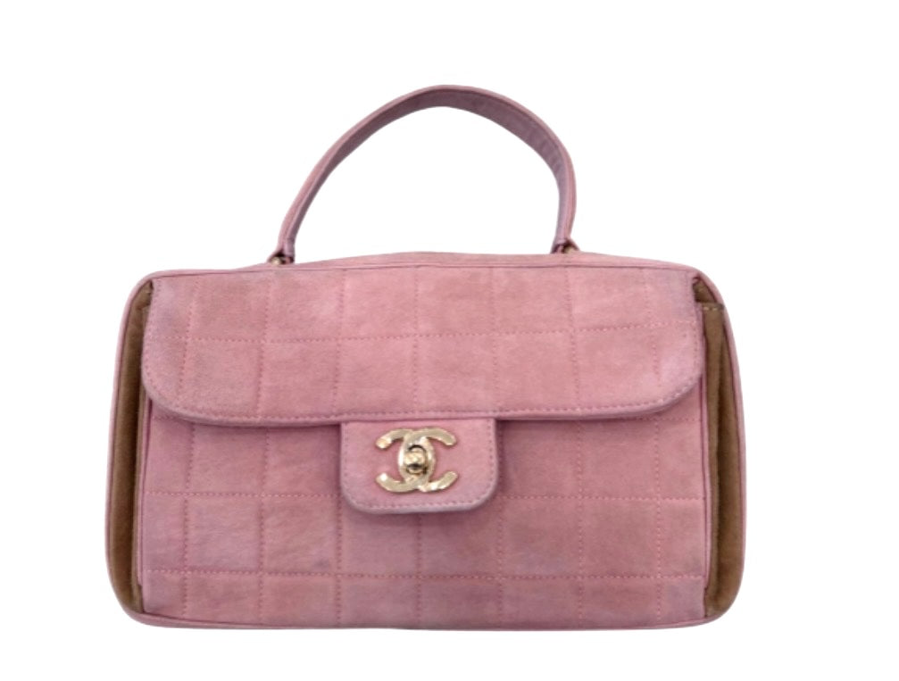 CHANEL SUEDE CHOCOLATE BAR TOP HANDLE FLAP BAG IN PINK