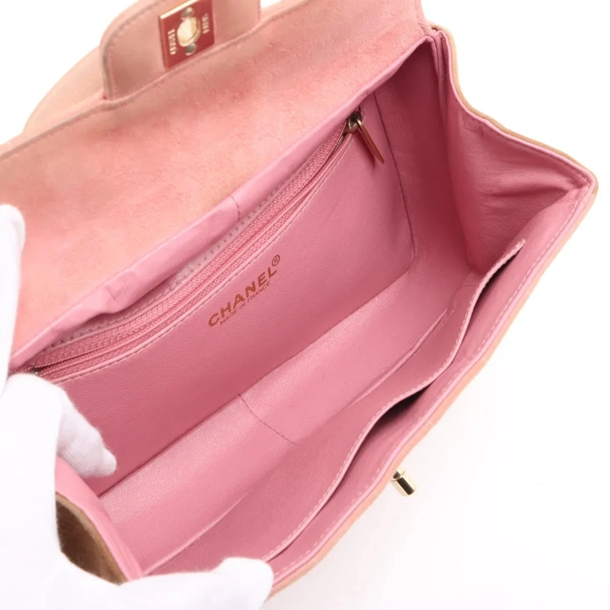 CHANEL SUEDE CHOCOLATE BAR TOP HANDLE FLAP BAG IN PINK