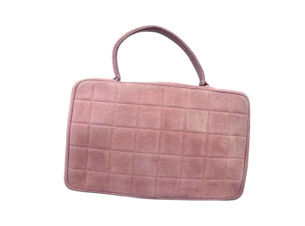 CHANEL SUEDE CHOCOLATE BAR TOP HANDLE FLAP BAG IN PINK