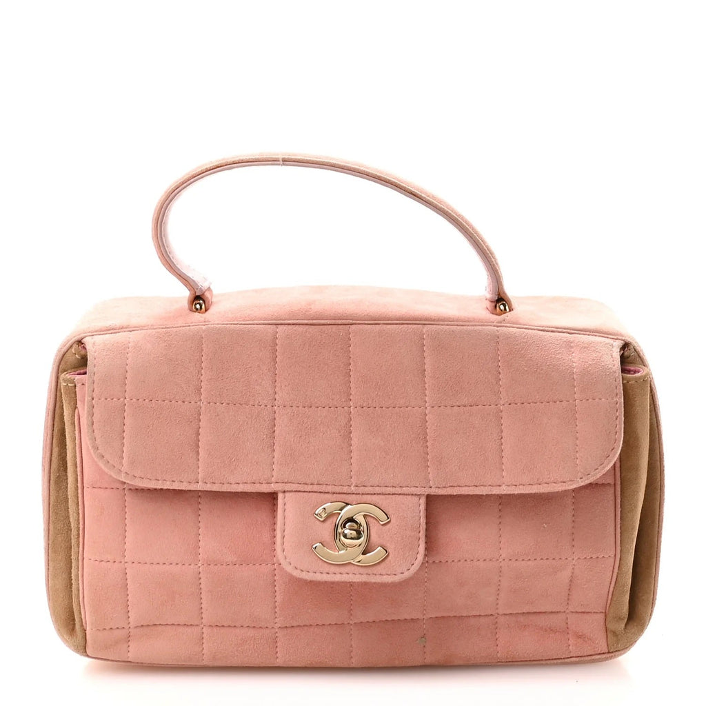 CHANEL SUEDE CHOCOLATE BAR TOP HANDLE FLAP BAG IN PINK