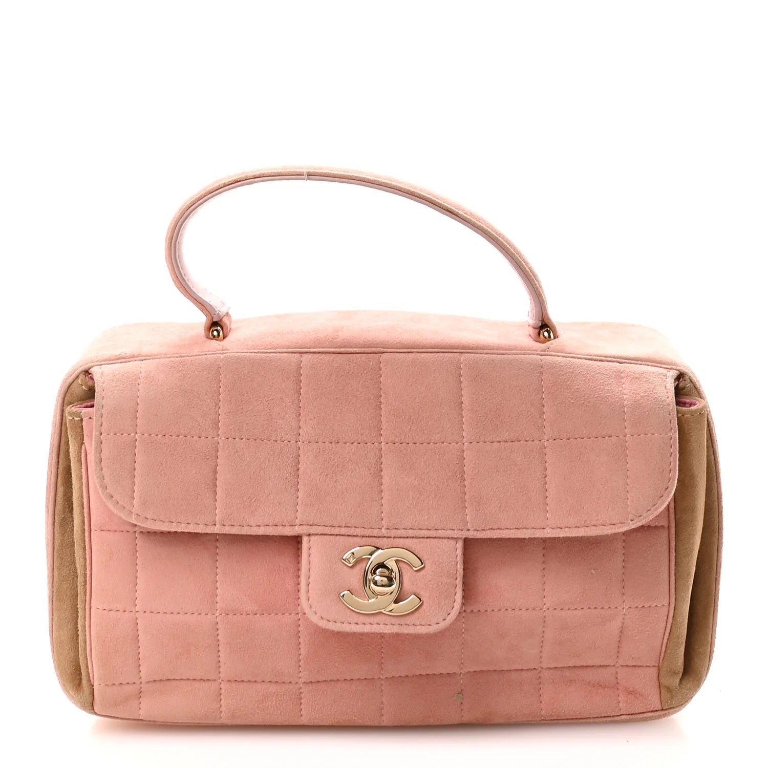 CHANEL SUEDE CHOCOLATE BAR TOP HANDLE FLAP BAG IN PINK