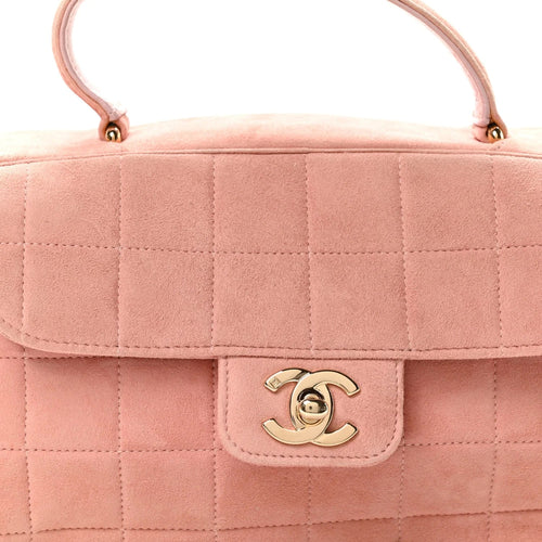 CHANEL SUEDE CHOCOLATE BAR TOP HANDLE FLAP BAG IN PINK