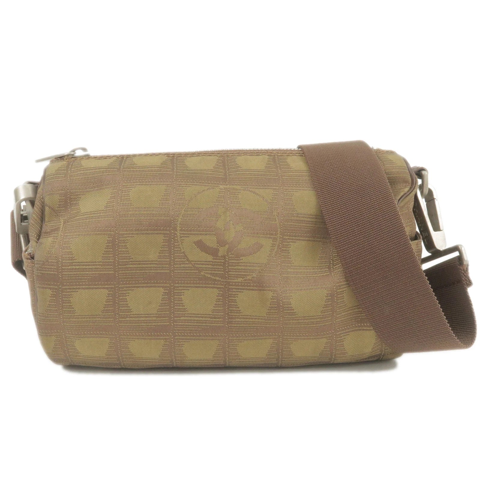 CHANEL TRAVEL LINE NYLON JACQUARD LEATHER MINI ROLL BAG