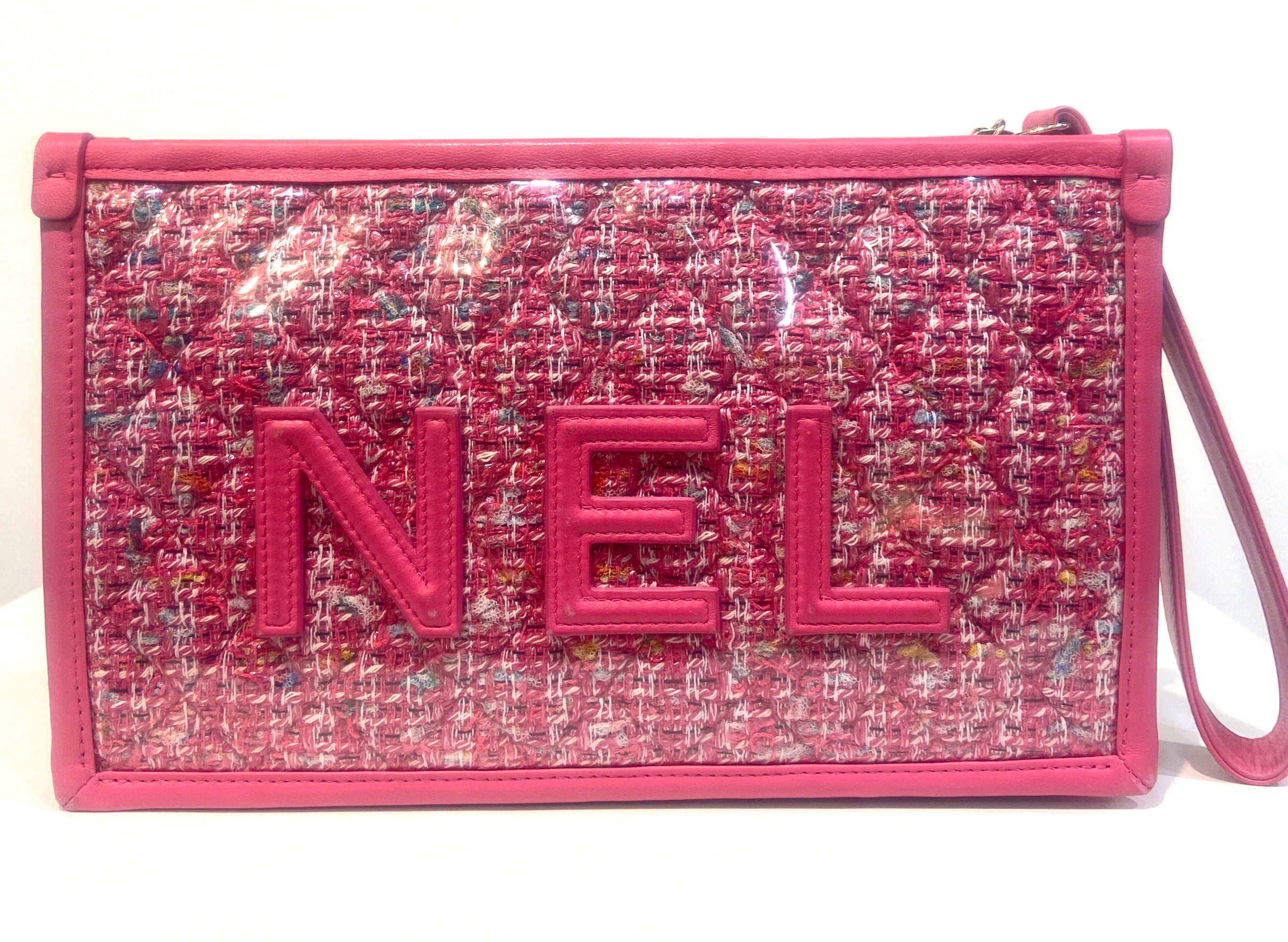 CHANEL TWEED PVC LAMBSKIN LEATHER WRISTLET CLUTCH