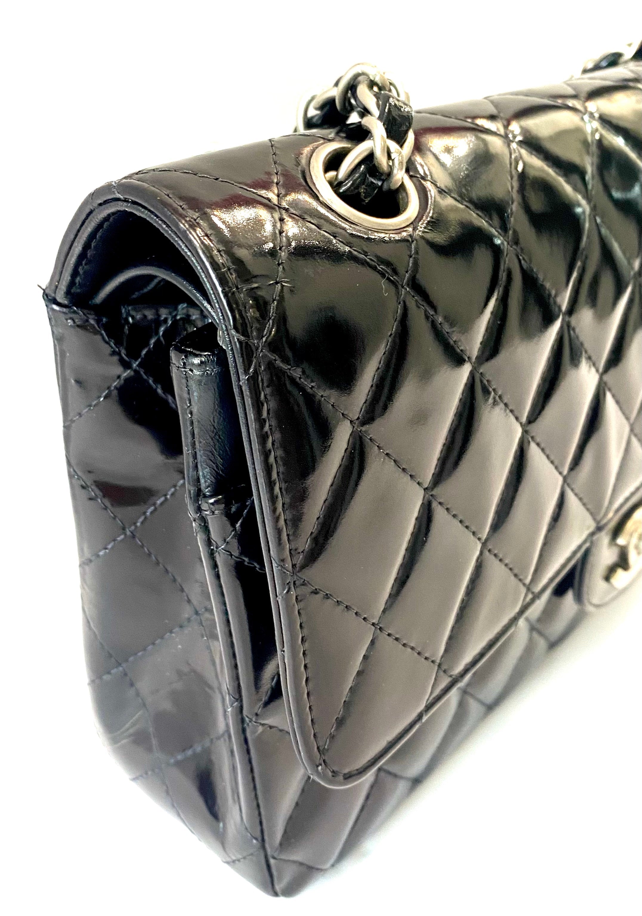 CHANEL CLASSIC QUILTED PATENT DOUBLE FLAP SHOULDER BAG