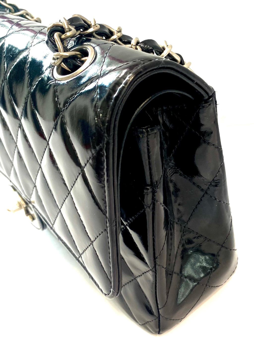 CHANEL CLASSIC QUILTED PATENT DOUBLE FLAP SHOULDER BAG