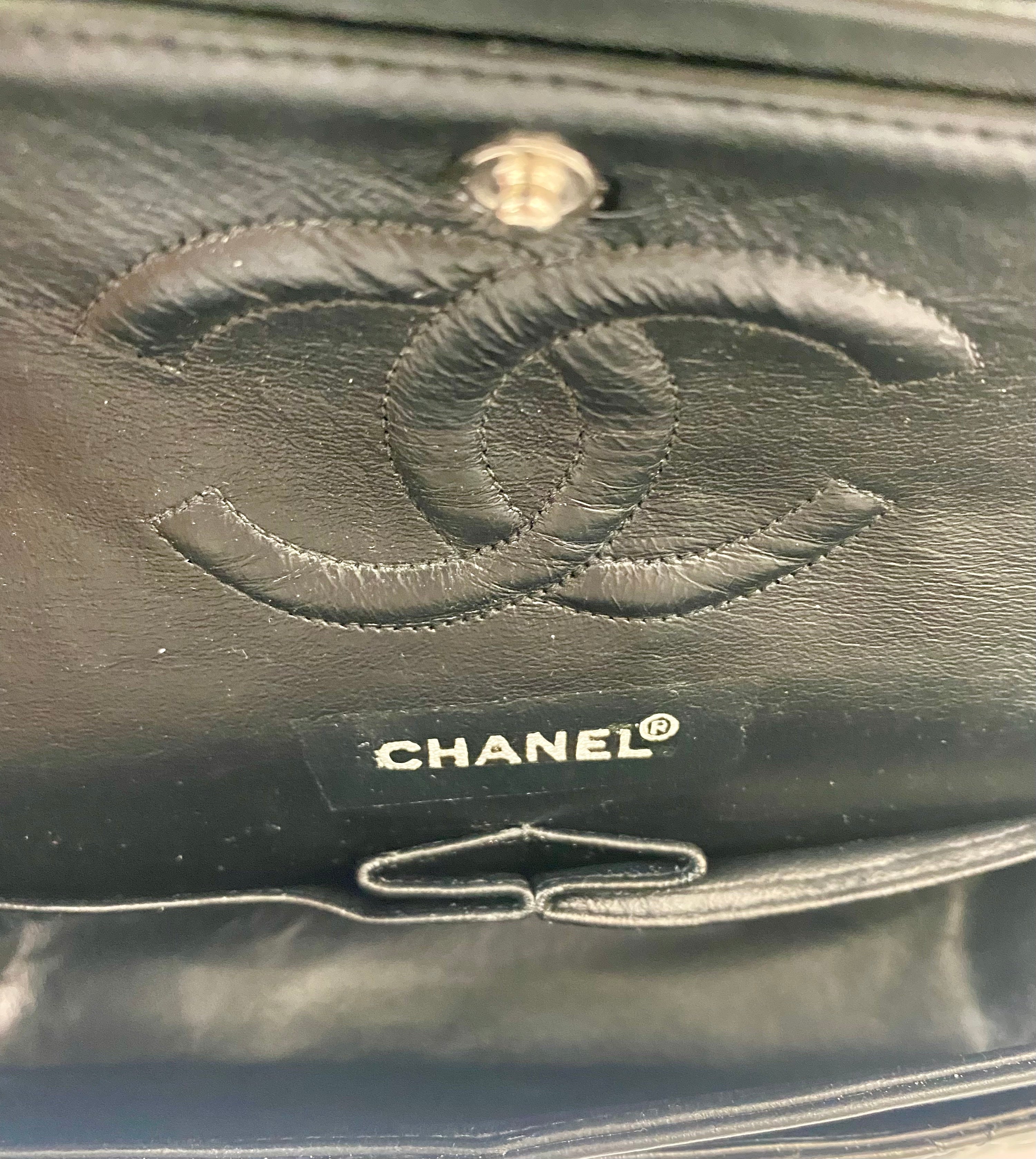 CHANEL CLASSIC QUILTED PATENT DOUBLE FLAP SHOULDER BAG