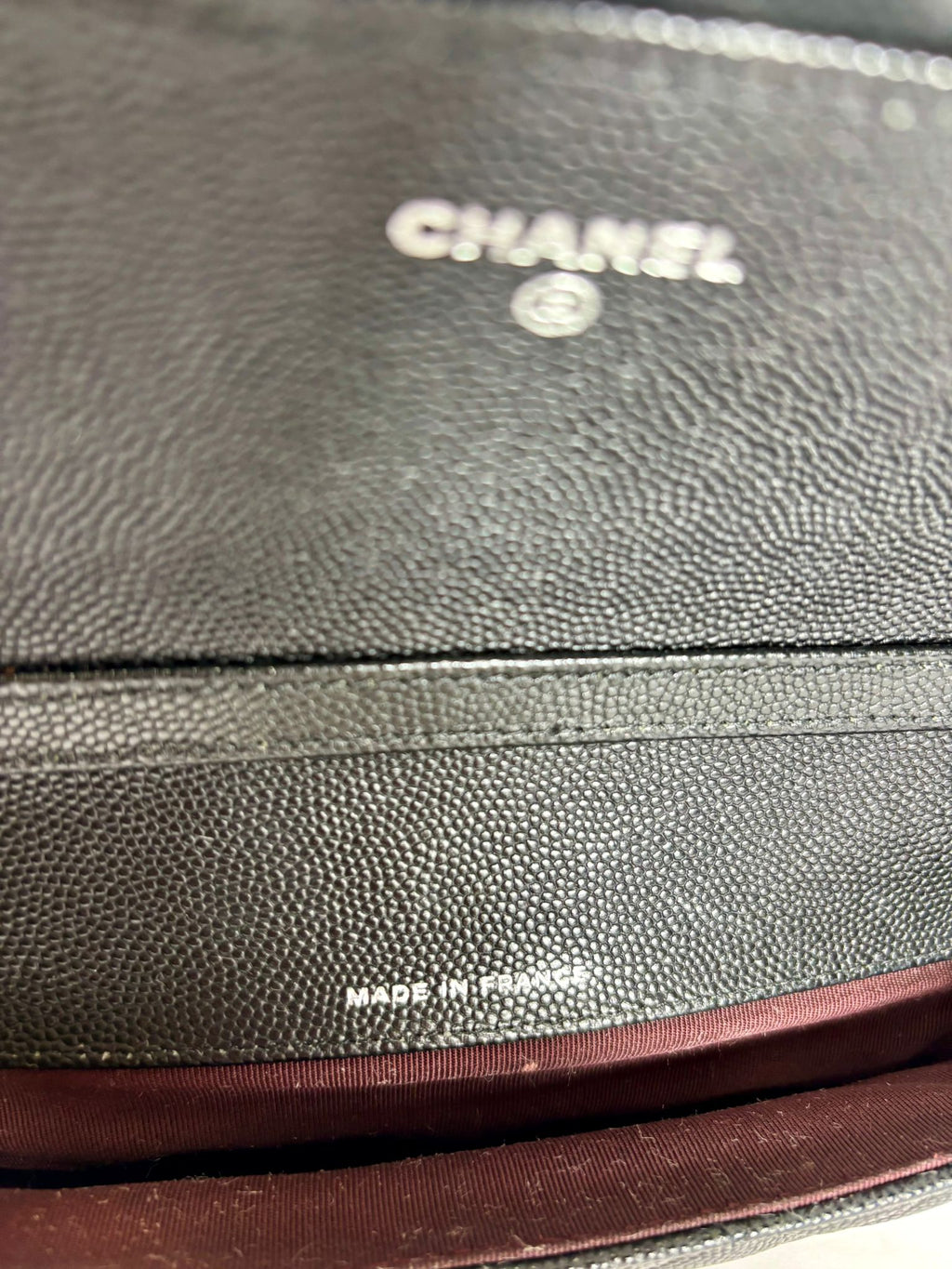 CHANEL QUILTED CAVIAR LEATHER GLASSES CHAIN CASE