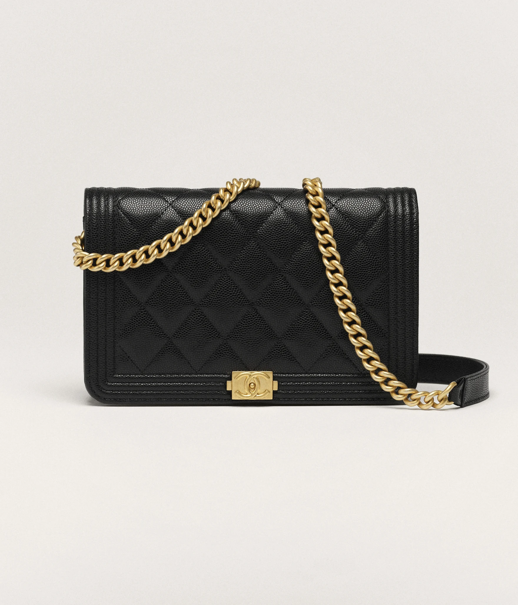 CHANEL GRAINED SHINY CALFSKIN LEATHER BOY WALLET ON CHAIN
