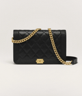 CHANEL GRAINED SHINY CALFSKIN LEATHER BOY WALLET ON CHAIN