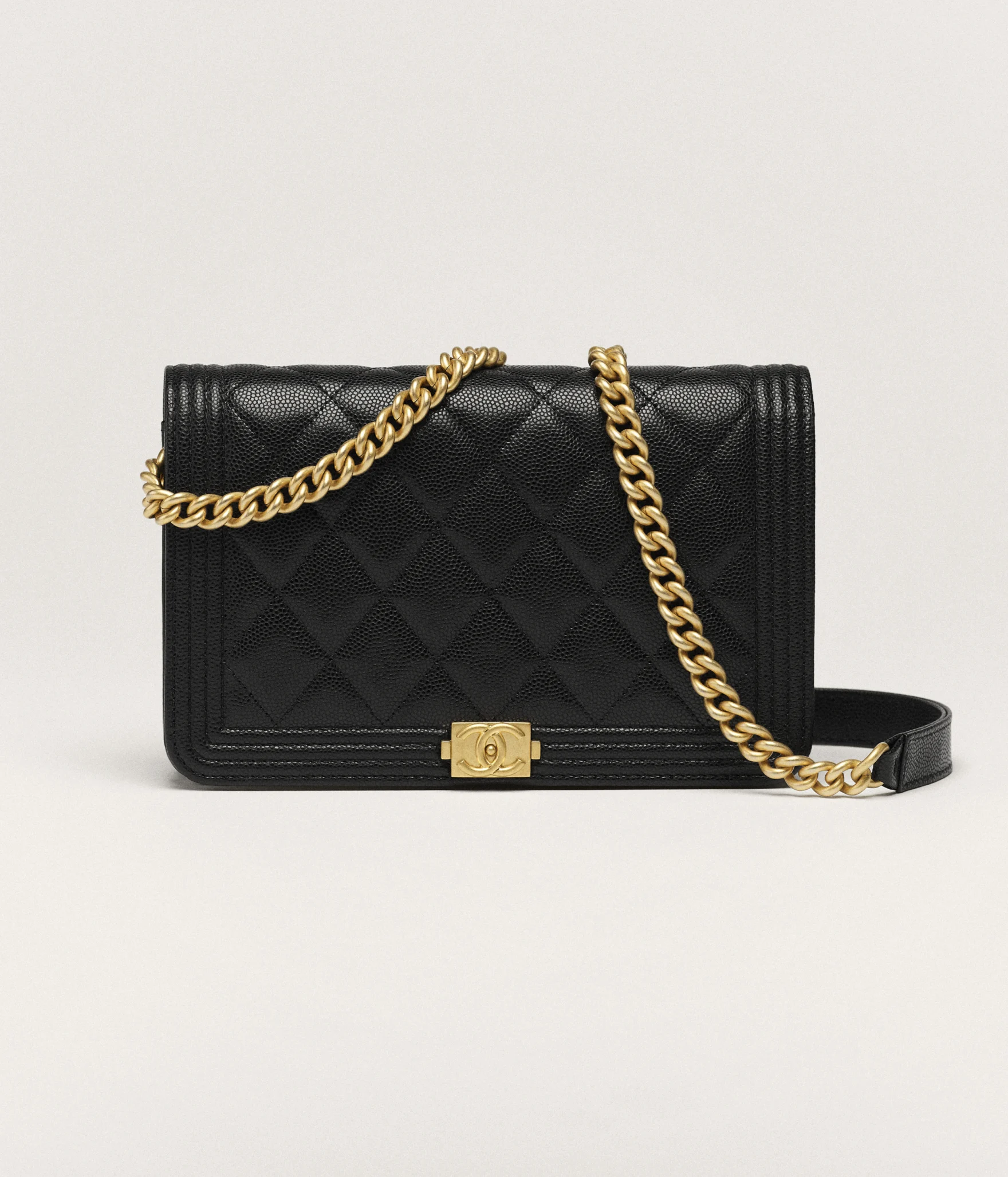 CHANEL GRAINED SHINY CALFSKIN LEATHER BOY WALLET ON CHAIN