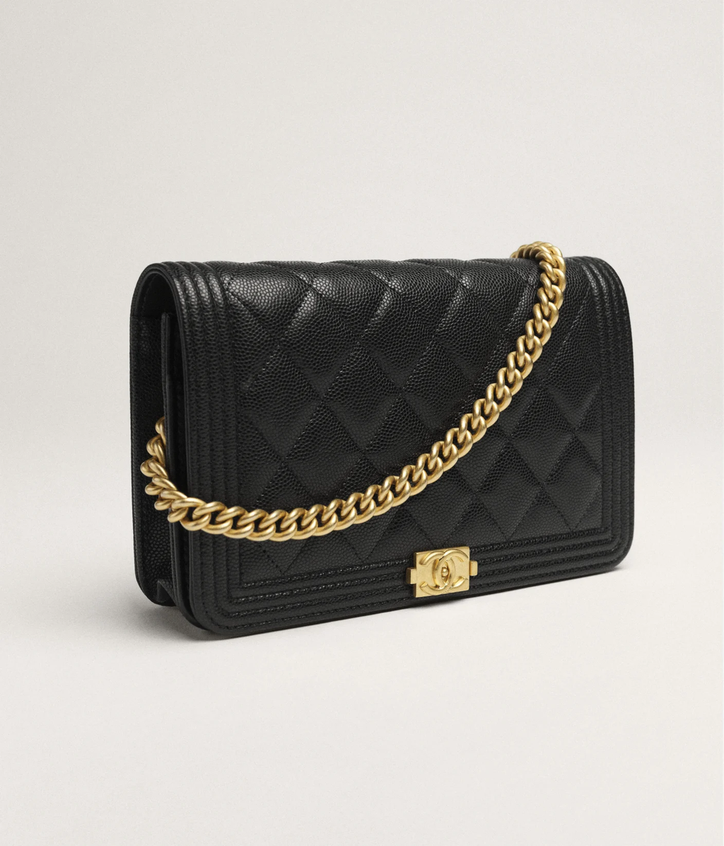 CHANEL GRAINED SHINY CALFSKIN LEATHER BOY WALLET ON CHAIN