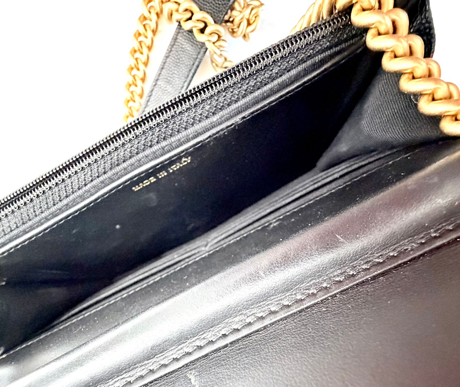 CHANEL GRAINED SHINY CALFSKIN LEATHER BOY WALLET ON CHAIN